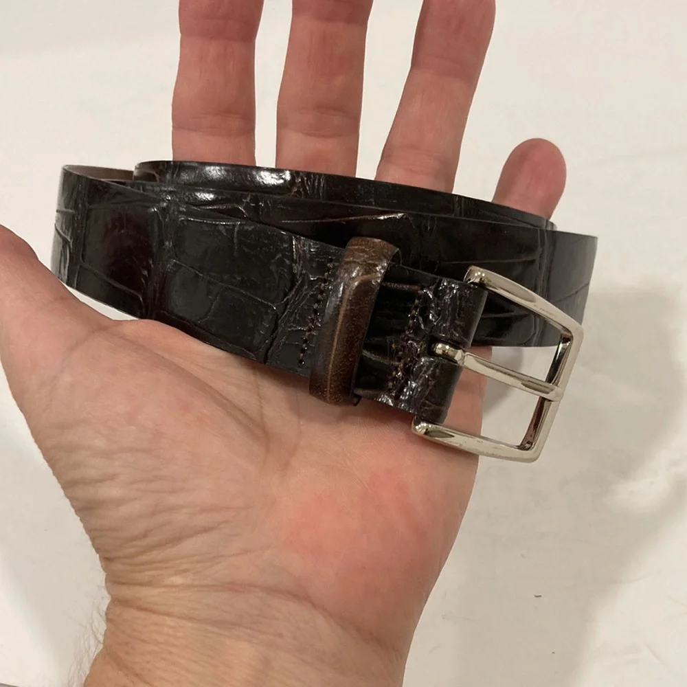 - Cole Haan Dark Brown Croc Embossed Leather Belt Size 38